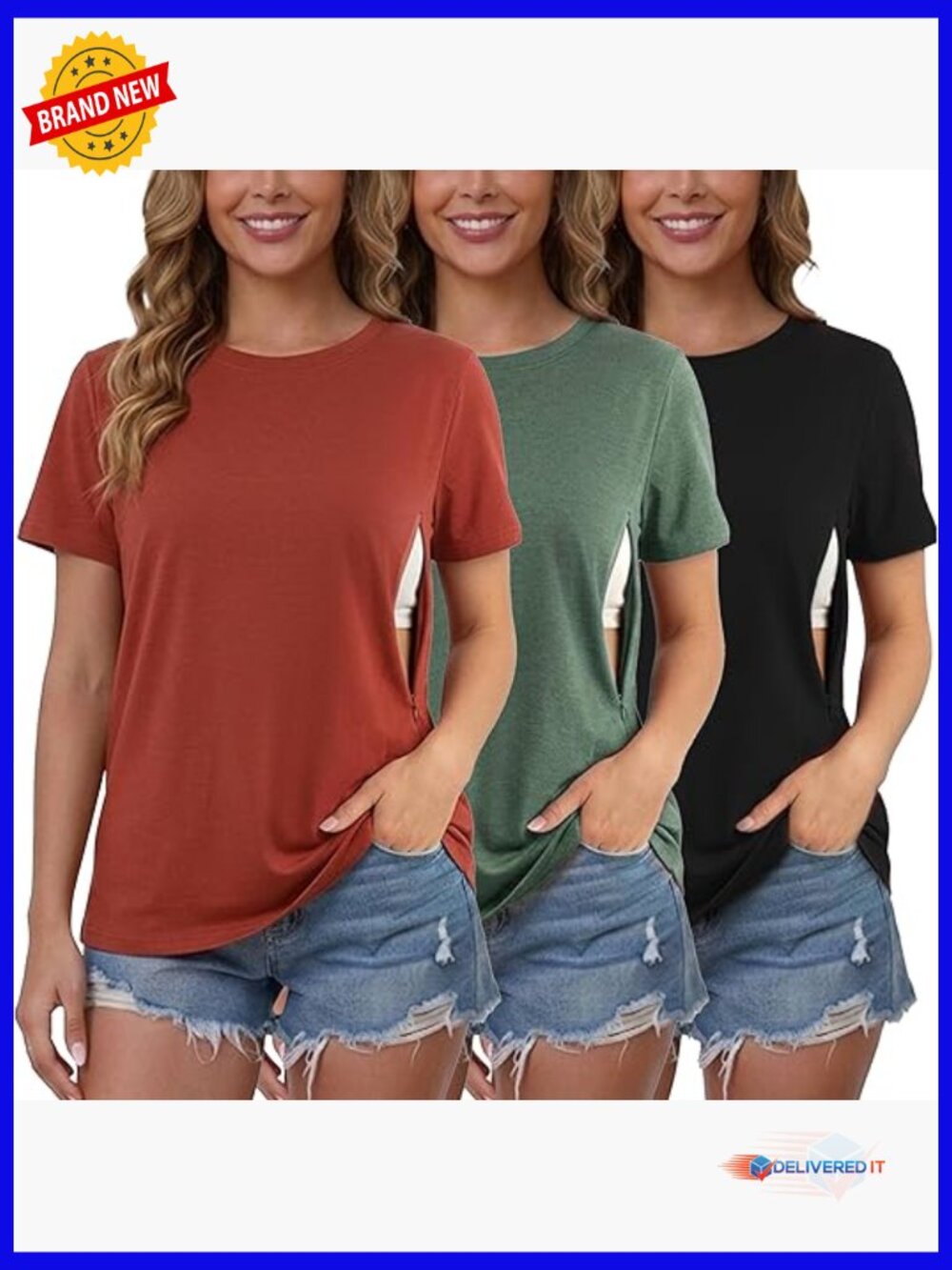 3-Pack Nursing Shirts with Hidden Zippers Loose Fit Maternity Tops